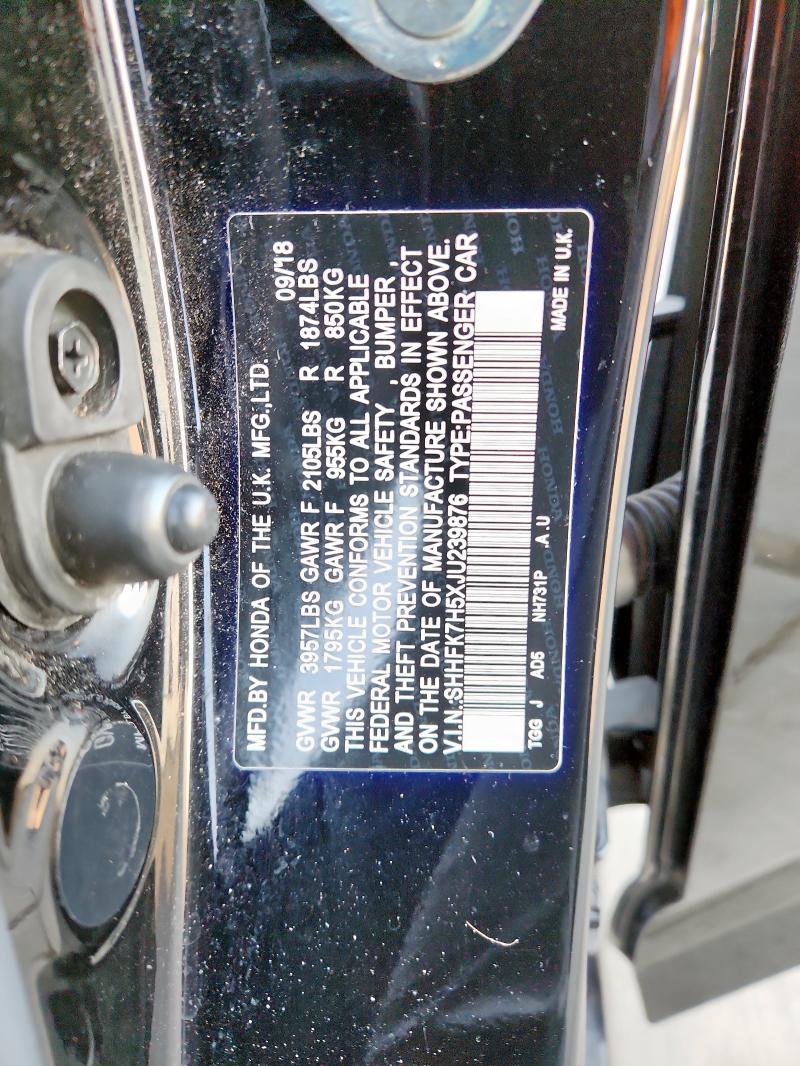 SHHFK7H5XJU239876 - 2018 HONDA CIVIC EX Қара фото 12