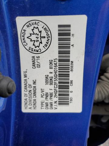 2HGFC2F55GH016475 - 2016 HONDA CIVIC LX BLUE photo 13