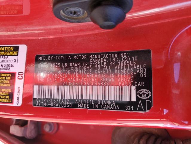 2T1KE4EE3AC045883 - 2010 TOYOTA COROLLA MA S RED photo 12