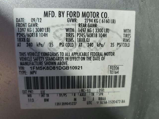 1FM5K8D81DGB10921 - 2013 FORD EXPLORER XLT SILVER photo 13