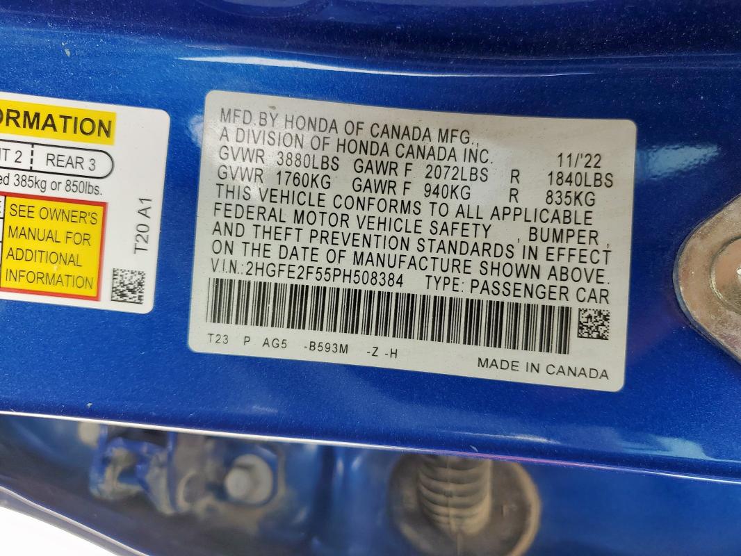 2HGFE2F55PH508384 - 2023 HONDA CIVIC SPORT Niebieski zdjęcie 12
