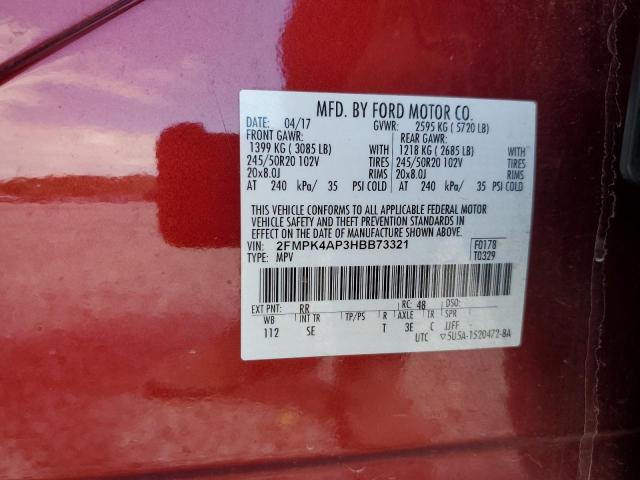 2FMPK4AP3HBB73321 - 2017 FORD EDGE SPORT BURGUNDY photo 12