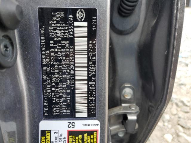 4T1B11HK2KU299306 - 2019 TOYOTA CAMRY L GRAY photo 12