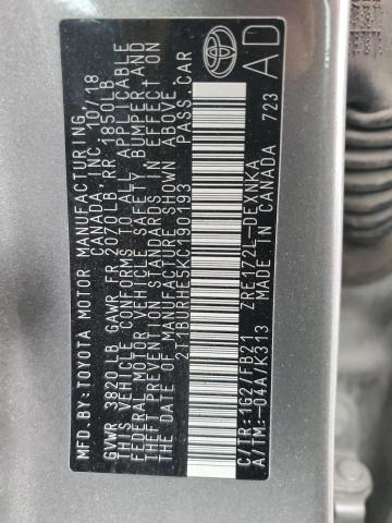 2T1BURHE5KC190193 - 2019 TOYOTA COROLLA L BROWN photo 12