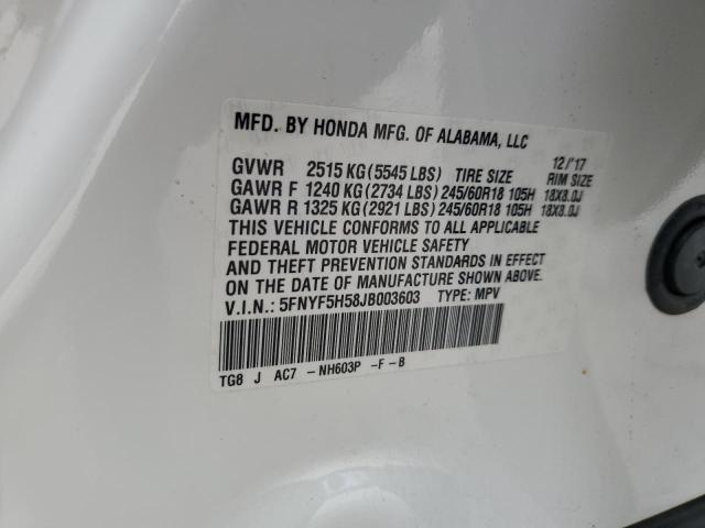 5FNYF5H58JB003603 - 2018 HONDA PILOT EXL 白色 照片 13