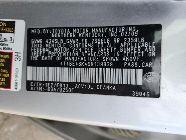 4T4BE46K49R139839 - 2009 TOYOTA CAMRY BASE Gümüş foto 12