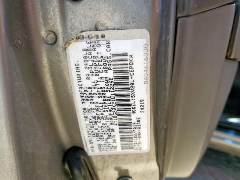 4T1BG22K21U112268 - 2001 TOYOTA CAMRY CE GRAY photo 12