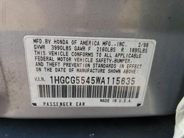 1HGCG5545WA115635 - 1998 HONDA ACCORD LX SILVER photo 12