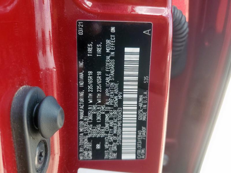 5TDGZRBH1MS100493 - 2021 TOYOTA HIGHLANDER XLE წითელი ფოტო 13