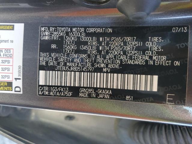 JTEBU5JR8D5145797 - 2013 TOYT 4RUNNER SR5 GRAY photo 12
