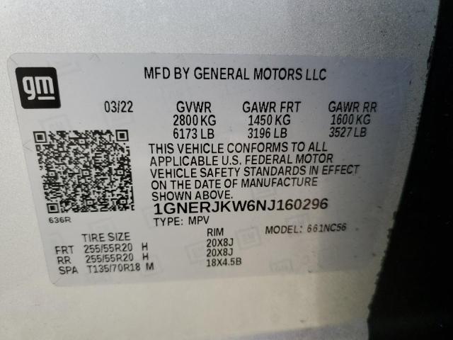 1GNERJKW6NJ160296 - 2022 CHEVROLET TRAVERSE RS SILVER photo 13