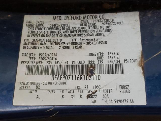 3FAFP07116R103110 - 2006 FORD FUSION SE BLUE photo 12