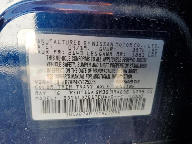 3N1AB7AP4KY425235 - 2019 NISSAN SENTRA S BLUE photo 12