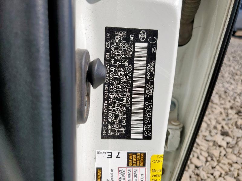 JTDKARFP1K3116100 - 2019 TOYOTA PRIUS PRIM 白色 照片 12