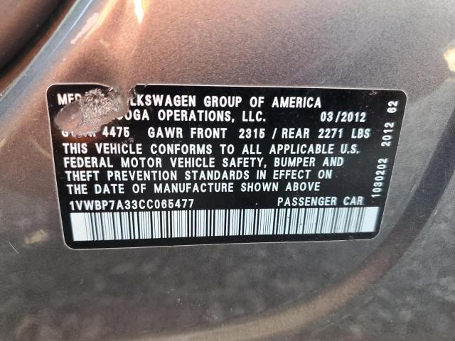 1VWBP7A33CC065477 - 2012 VOLKSWAGEN PASSAT SE GRAY photo 13