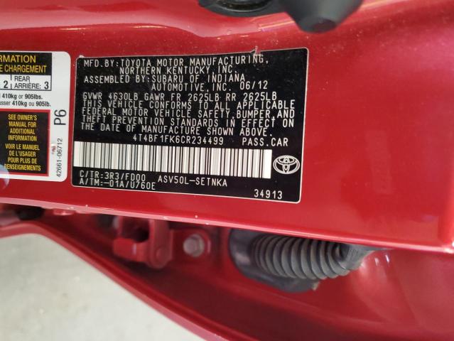 4T4BF1FK6CR234499 - 2012 TOYOTA CAMRY BASE Rojo foto 12