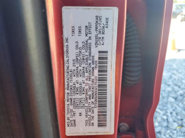 5TEGN92N93Z175123 - 2003 TOYOTA TACOMA DOUBLE CAB PRERUNNER RED photo 12