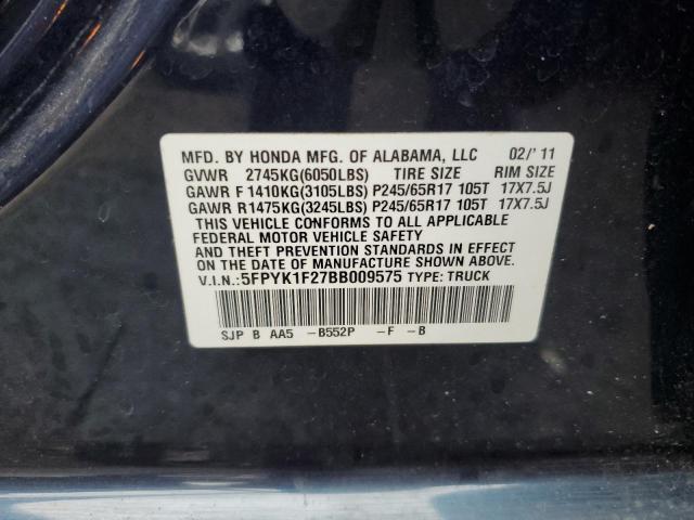 5FPYK1F27BB009575 - 2011 HONDA RIDGELINE RT BLUE photo 12