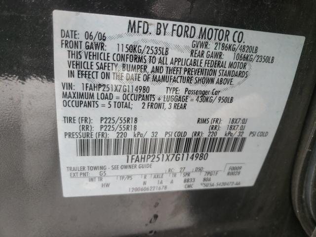 1FAHP251X7G114980 - 2007 FORD FIVE HUNDR LIMITED GRAY photo 10