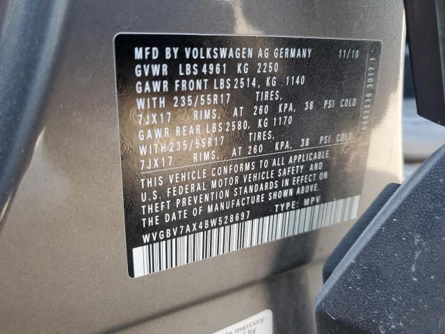 WVGBV7AX4BW528697 - 2011 VOLKSWAGEN TIGUAN S GRAY photo 12
