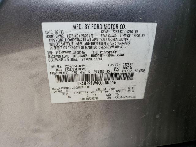 1FAHP2EW4CG100546 - 2012 FORD TAURUS SEL GRAY photo 13