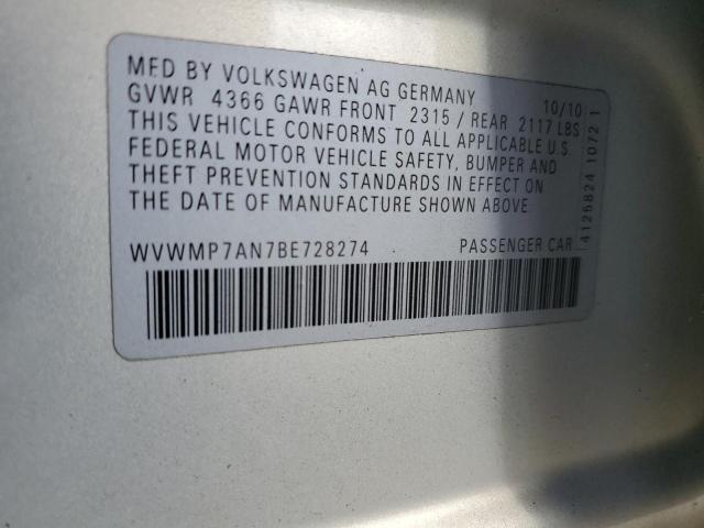 WVWMP7AN7BE728274 - 2011 VOLKSWAGEN CC SPORT 银色 照片 12