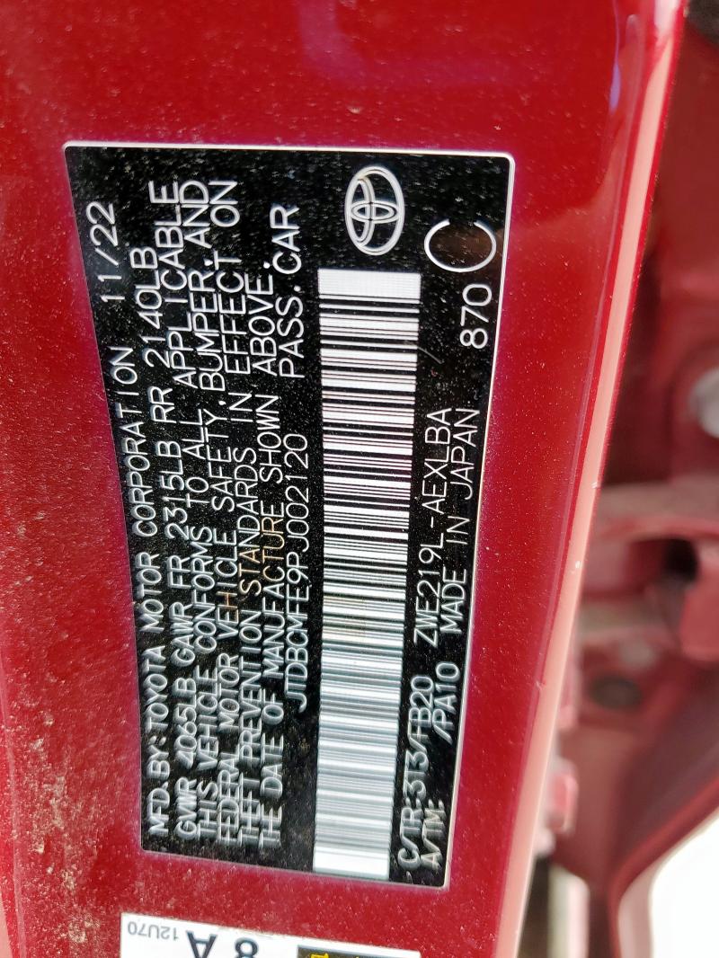 JTDBCMFE9PJ002120 - 2023 TOYOTA COROLLA LE Марун фото 12