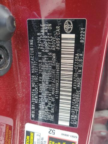 4T1B11HK0JU564092 - 2018 TOYOTA CAMRY L 红色 照片 12