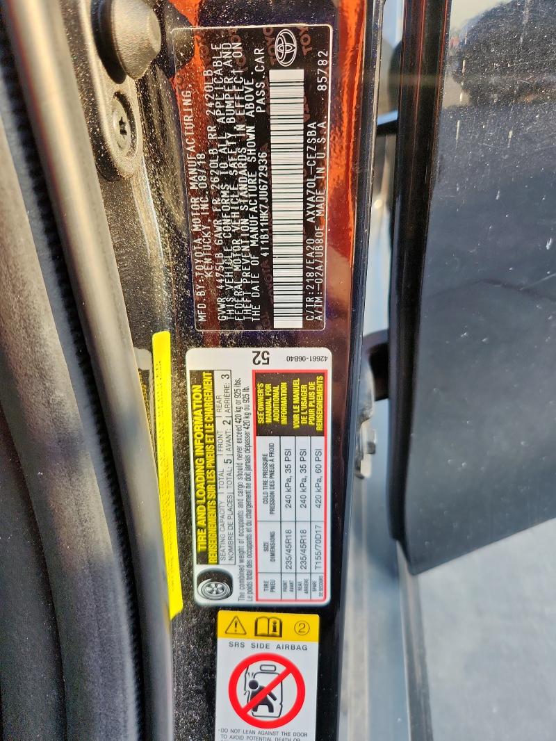 4T1B11HK7JU672936 - 2018 TOYOTA CAMRY L BLACK photo 12