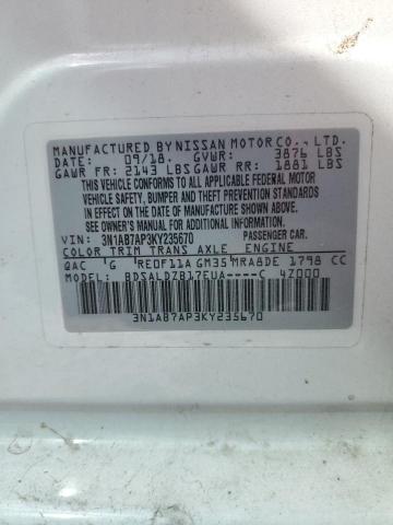 3N1AB7AP3KY235670 - 2019 NISSAN SENTRA S WHITE photo 13