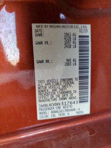 1N4BL4CV0KN317643 - 2019 NISSAN ALTIMA SR 橙色 照片 12