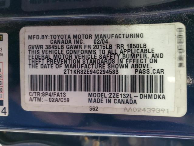 2T1KR32E94C294583 - 2004 TOYOTA COROLLA MA XR BLUE photo 12
