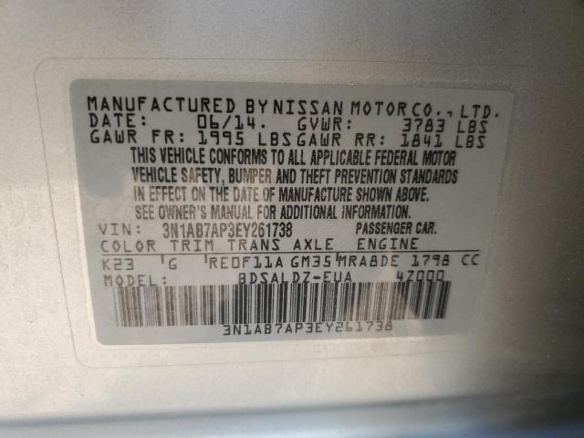 3N1AB7AP3EY261738 - 2014 NISSAN SENTRA S Argent photo 12