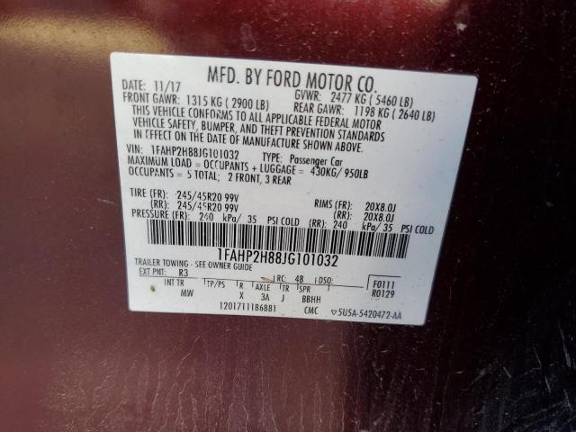 1FAHP2H88JG101032 - 2018 FORD TAURUS SEL BURGUNDY photo 12