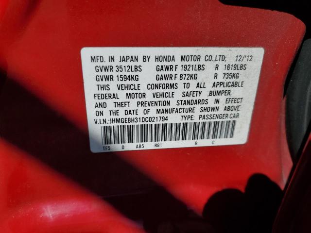 JHMGE8H31DC021794 - 2013 HONDA FIT RED photo 12
