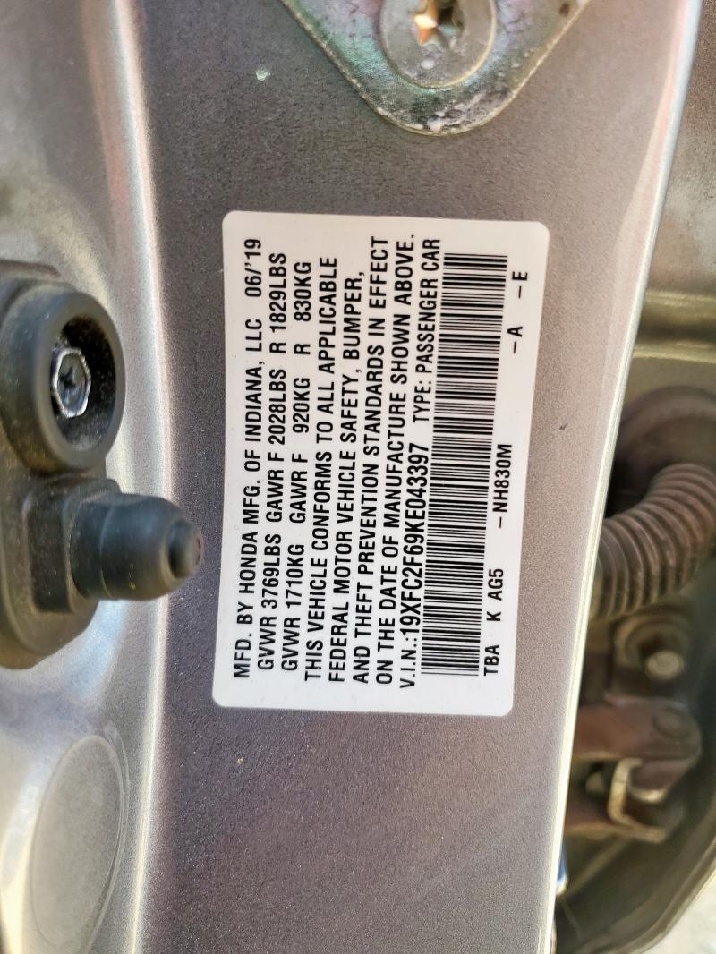 19XFC2F69KE043397 - 2019 HONDA CIVIC LX ვერცხლისფერი ფოტო 12