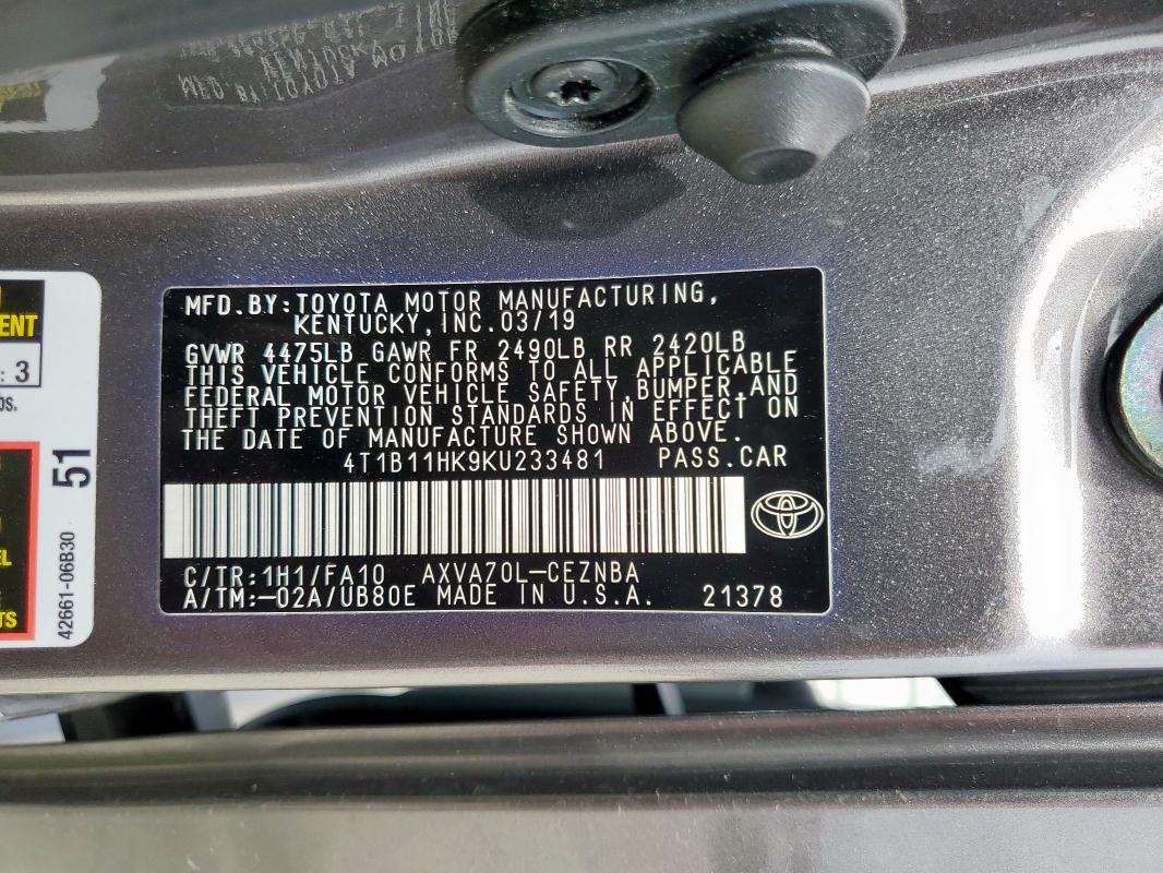 4T1B11HK9KU233481 - 2019 TOYOTA CAMRY L GRAY photo 13