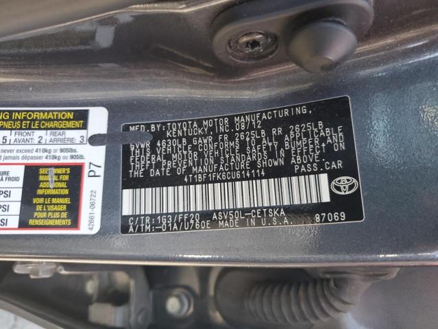 4T1BF1FK6CU614114 - 2012 TOYOTA CAMRY BASE GRAY photo 12
