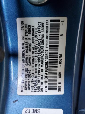 1HGFA16826L135807 - 2006 HONDA CIVIC EX BLUE photo 12