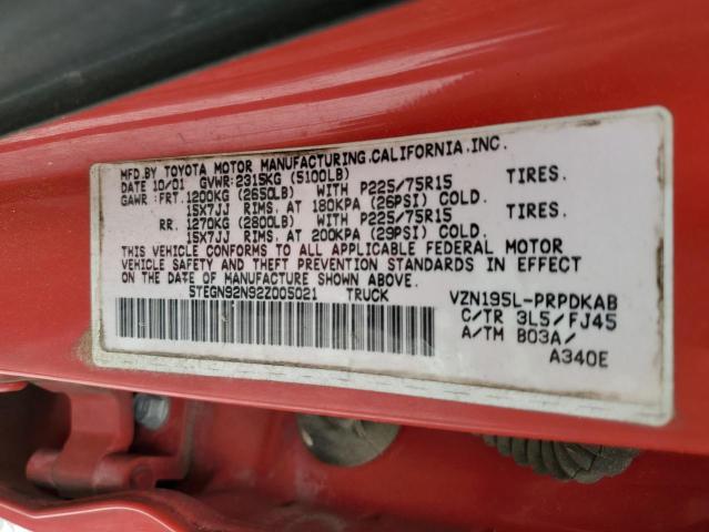 5TEGN92N92Z005021 - 2002 TOYOTA TACOMA DOUBLE CAB PRERUNNER RED photo 12