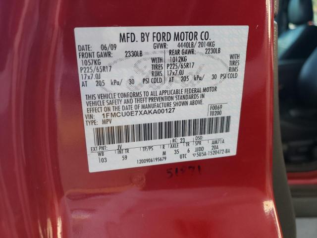 1FMCU0E7XAKA00127 - 2010 FORD ESCAPE LIMITED RED photo 12