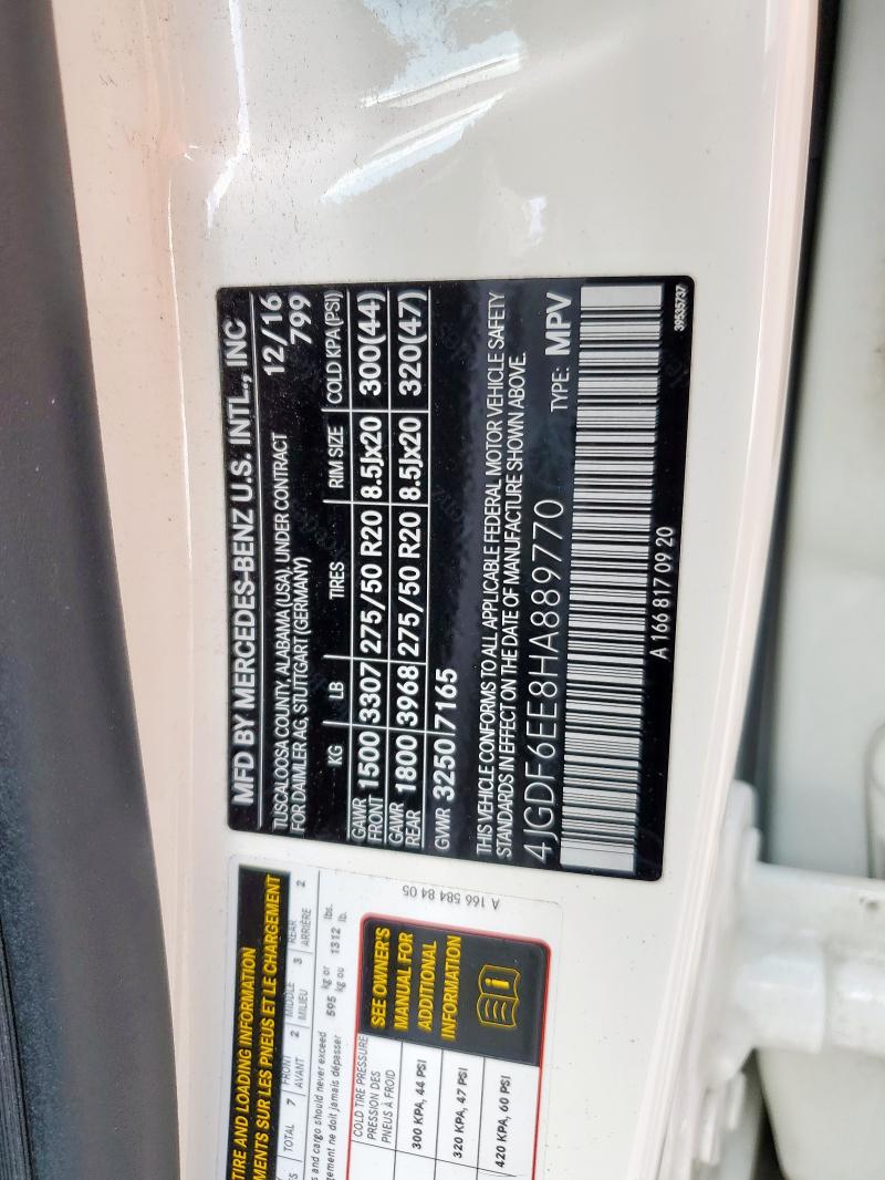 4JGDF6EE8HA889770 - 2017 MERCEDES-BENZ GLS 450 4MATIC WHITE photo 12