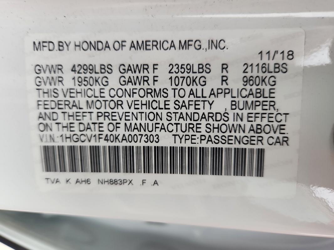 1HGCV1F40KA007303 - 2019 HONDA ACCORD EX 白色 照片 12
