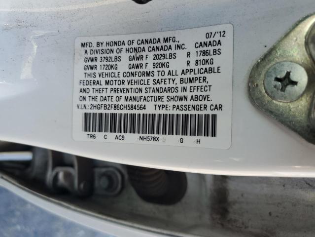 2HGFB2F86CH584564 - 2012 HONDA CIVIC EX WHITE photo 13