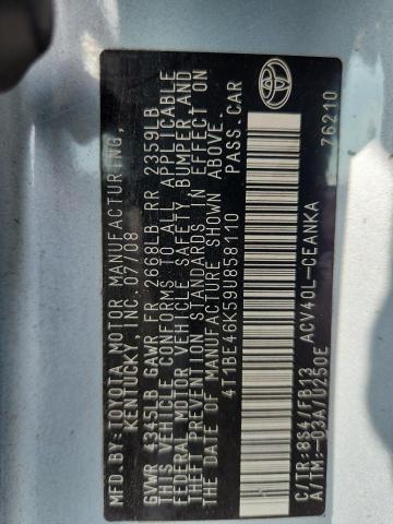 4T1BE46K59U858110 - 2009 TOYOTA CAMRY BASE BLUE photo 12