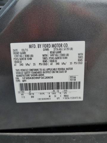 1FM5K8D86FGC20835 - 2015 FORD EXPLORER XLT ნაცრისფერი ფოტო 14