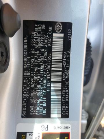 4T1BF1FK8CU027655 - 2012 TOYOTA CAMRY BASE SILVER photo 12
