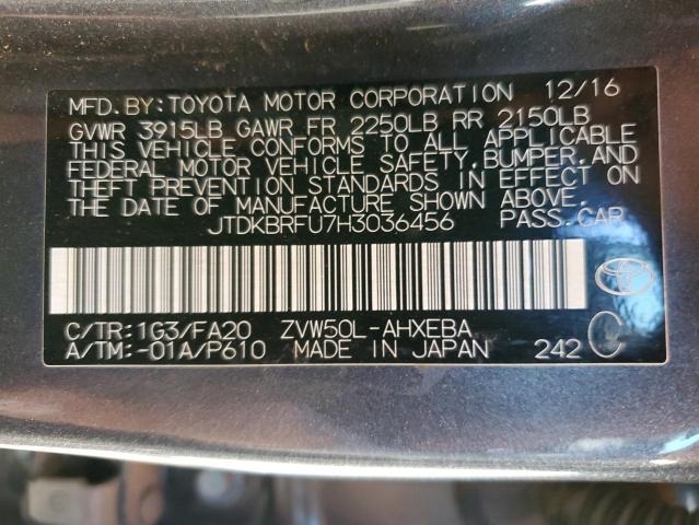 JTDKBRFU7H3036456 - 2017 TOYOTA PRIUS CHARCOAL photo 13