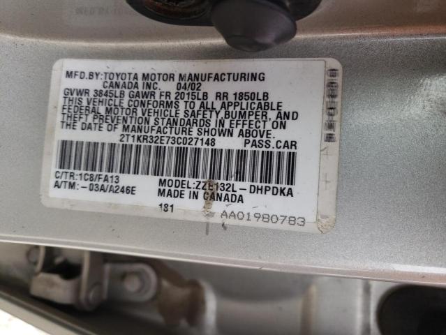 2T1KR32E73C027148 - 2003 TOYOTA COROLLA MA XR SILVER photo 13