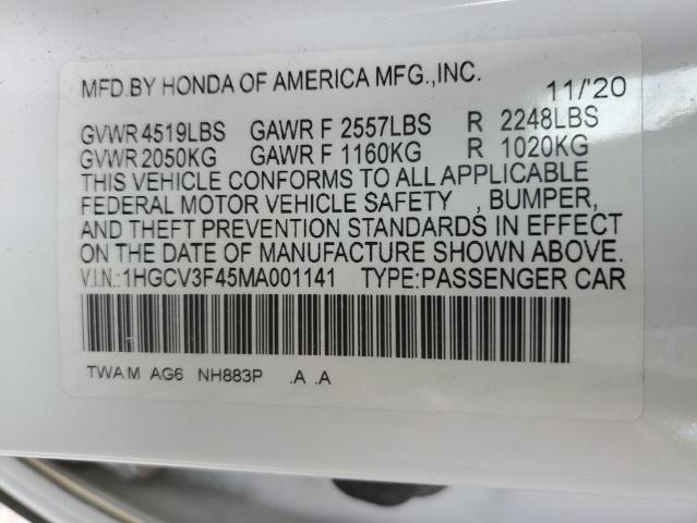 1HGCV3F45MA001141 - 2021 HONDA ACCORD HYBRID EX WHITE photo 12